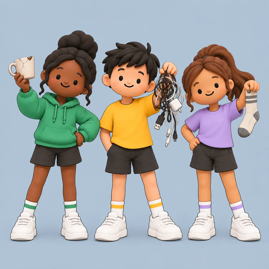 Three friends showing off what leaves today: a chipped mug, a knot of cables and one lonely sock