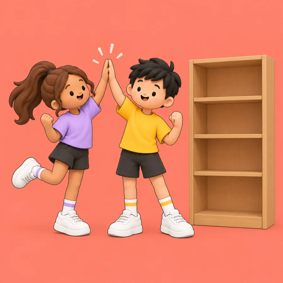 Two friends high-five next to a shelf with absolutely nothing on it