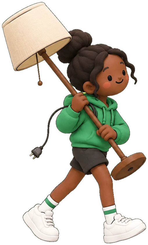 A girl in a green hoodie marching out with a floor lamp over her shoulder, the plug still dangling