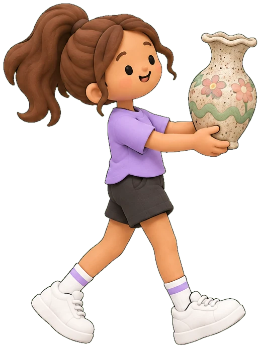 A girl with a ponytail holding a flowery vase at arm's length, like it might bite